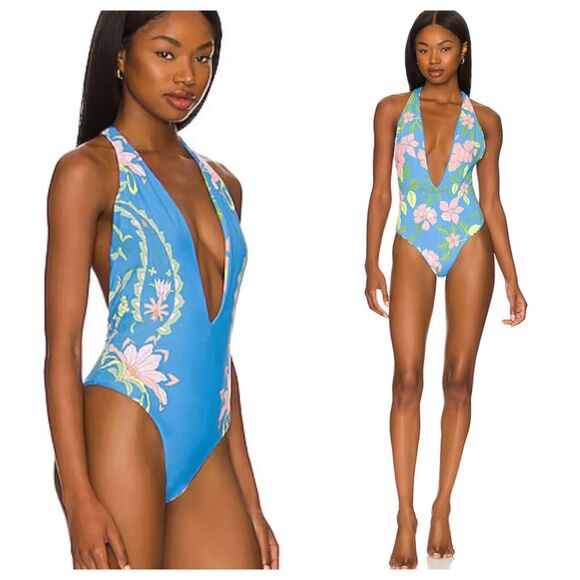 NEW Maaji Tiki One-Piece Swimsuit Blue Floral Halter Neck Deep Plunge Neck Large - Picture 2 of 9
